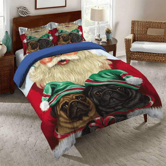 Funny Pug Dog King Size Bedding Set, Cute Pug Soft Duvet Cover Set, Pug Santa Hug Bedding Set, Gifts for Pug