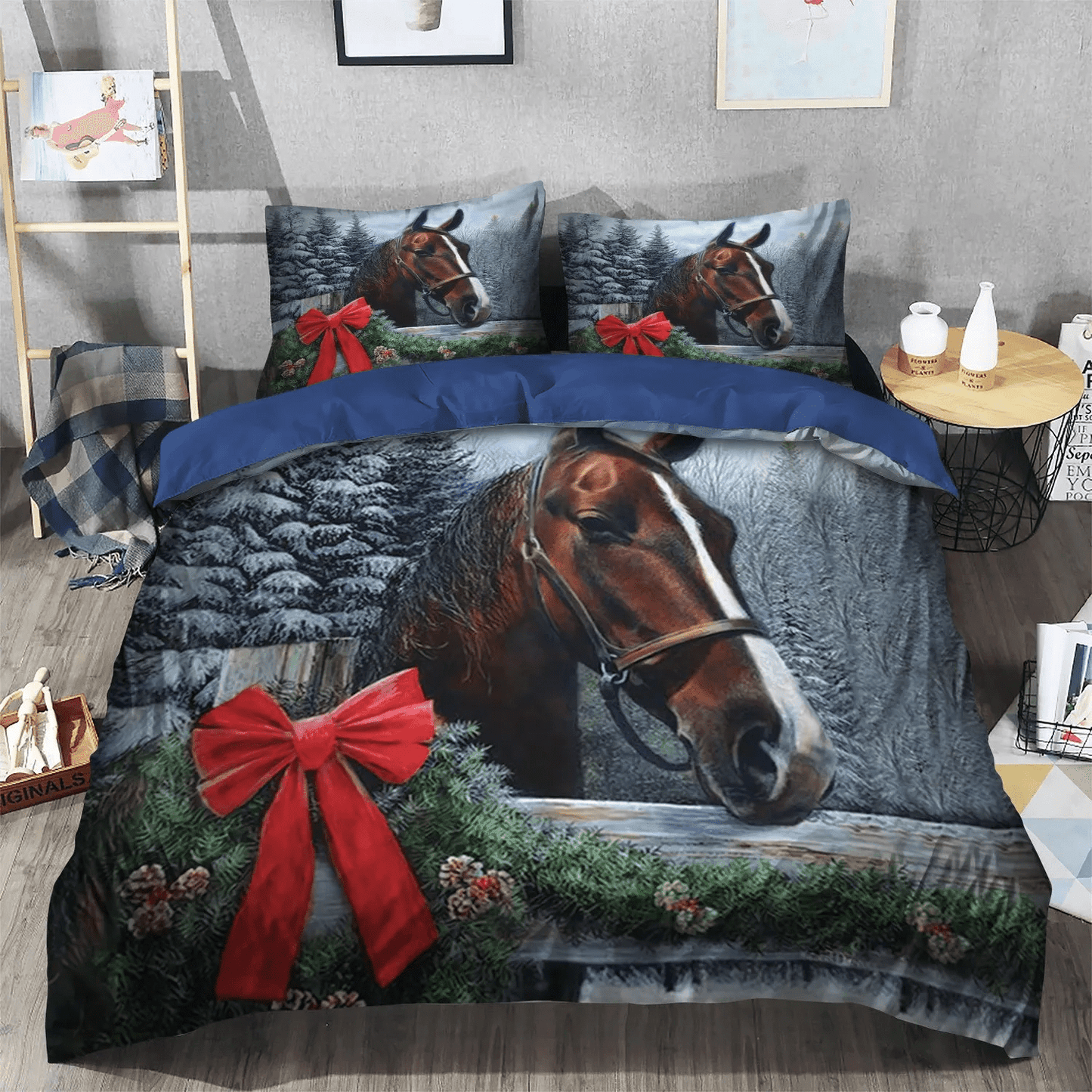 Horse Soft Duvet Cover Set, Merry Christmas Quotes King Size Bedding Set, Christmas Horse Ghf Bedding Set, Gifts for Horse