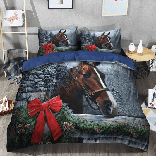Horse Soft Duvet Cover Set, Merry Christmas Quotes King Size Bedding Set, Christmas Horse Ghf Bedding Set, Gifts for Horse