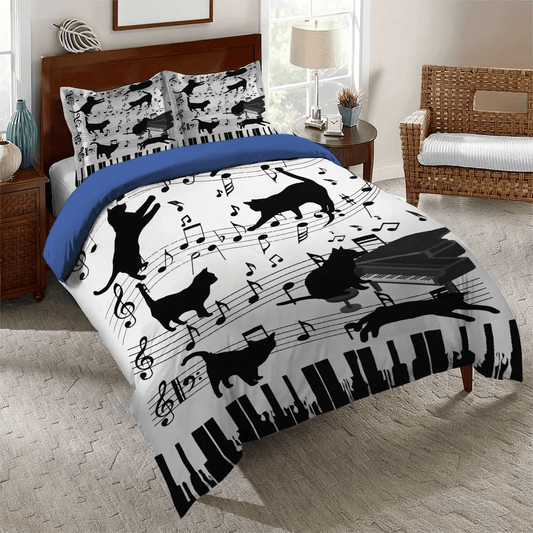 Cat Paw Soft Duvet Cover Set, Piano King Size Bedding Set, Cat Playing Piano Queen Size Bedding Set, Piano Cat Bedding Set, Gifts for Piano