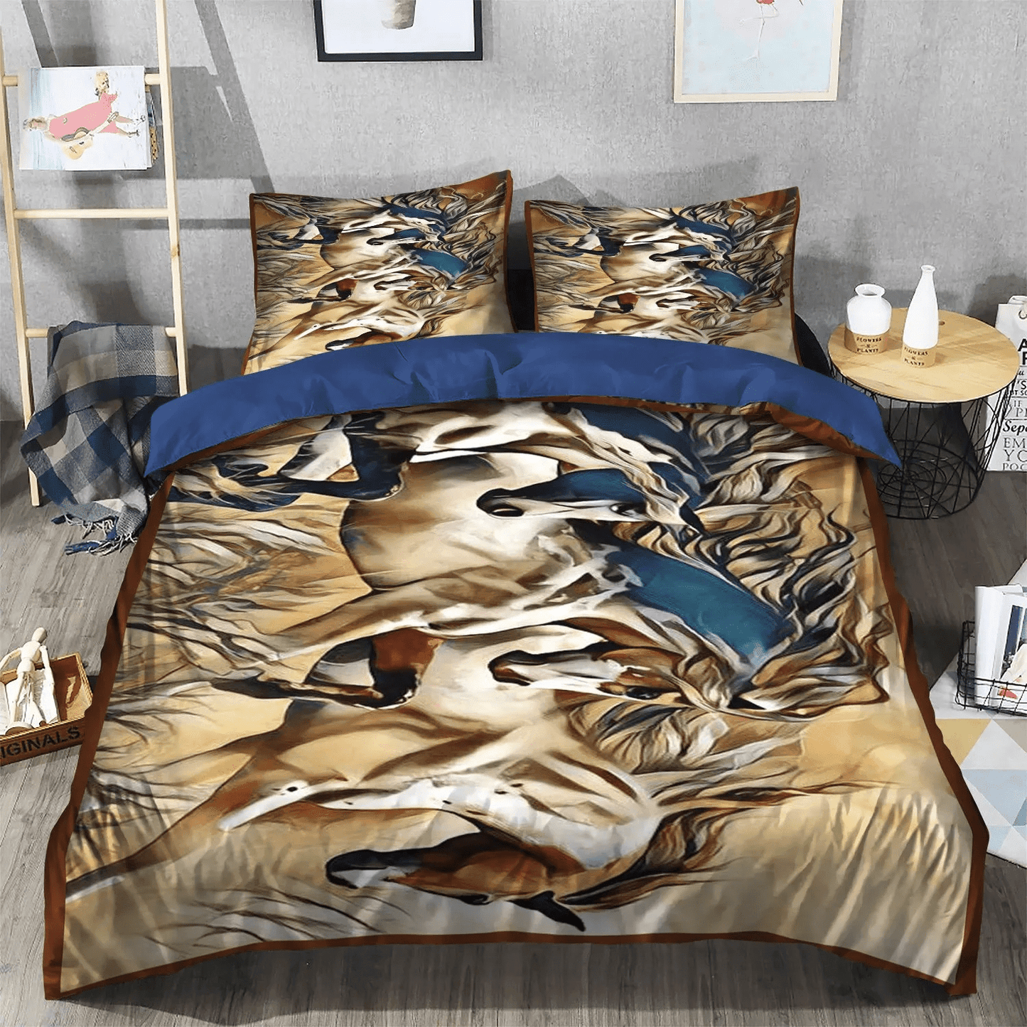 Abstract Horse Queen Size Bedding Set, Galloping Horse Soft Duvet Cover Set, Horse King Size Bedding Set, Horses Bedding Set, Gifts for Horse