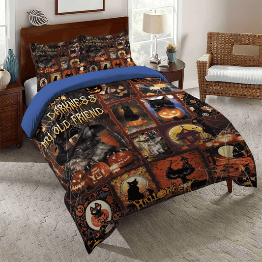 Happy Black Cat Bedding set, Halloween Pumpkin Soft Duvet Cover Set, Black Cat Halloween Bedding Set, Gifts for Black Cat