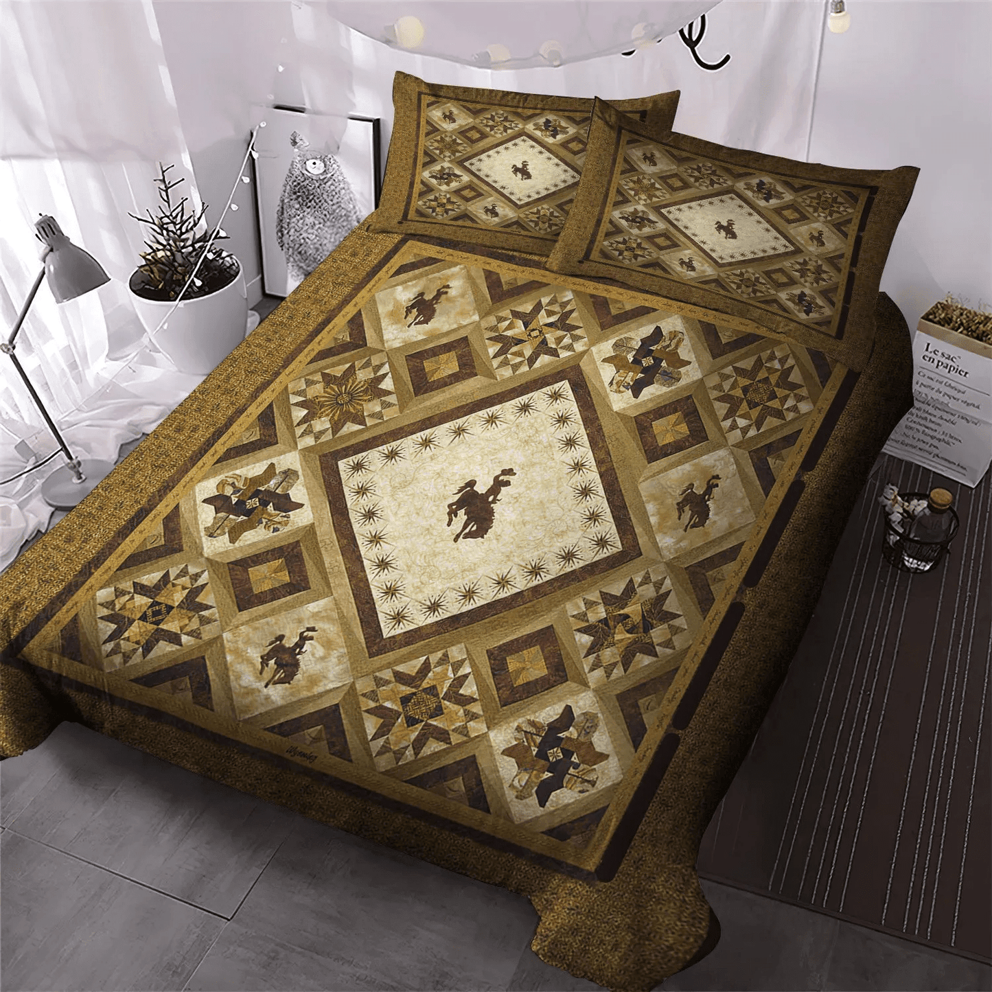 Golden Cowboys Soft Duvet Cover Set, Horse Lover King Size Bedding Set, Cowboy Bedding set, Cowboy Bedding Set, Gifts for Cowboy