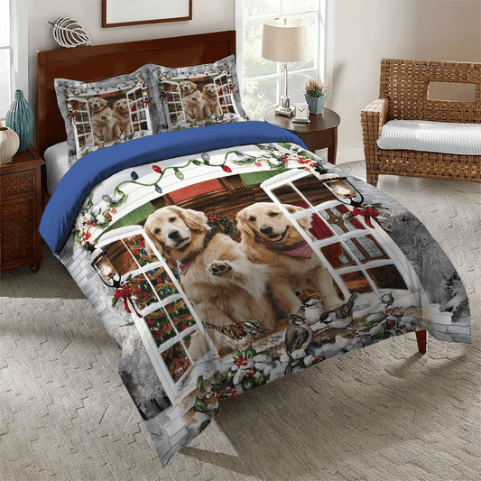 Golden Retriever Dog King Size Bedding Set, Giraffe Couple Soft Duvet Cover Set, Golden Retrie Couple Bedding Set, Gifts for Couple