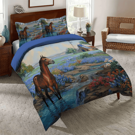 Galloping Horse King Size Bedding Set, Colorful Horse Soft Duvet Cover Set, River Queen Size Bedding Set, Horse And River Bedding Set, Gifts for River