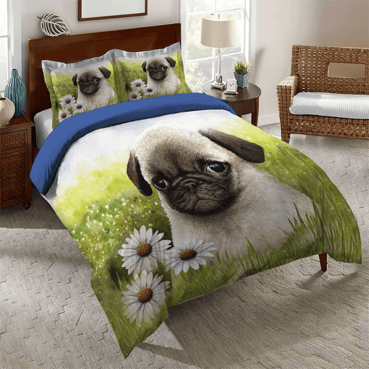 Funny Pug Dog Soft Duvet Cover Set, Flower Girl Queen Size Bedding Set, Pug Lover Bedding set, Pug Flower Bedding Set, Gifts for Pug