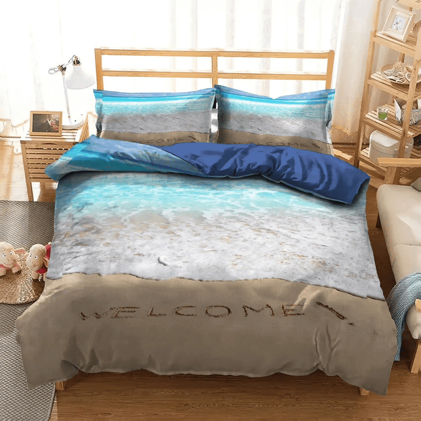 Beach Soft Duvet Cover Set, Shark Surfer Beach Summer Vacation King Size Bedding Set, Beach Bedding Set, Gifts for Beach