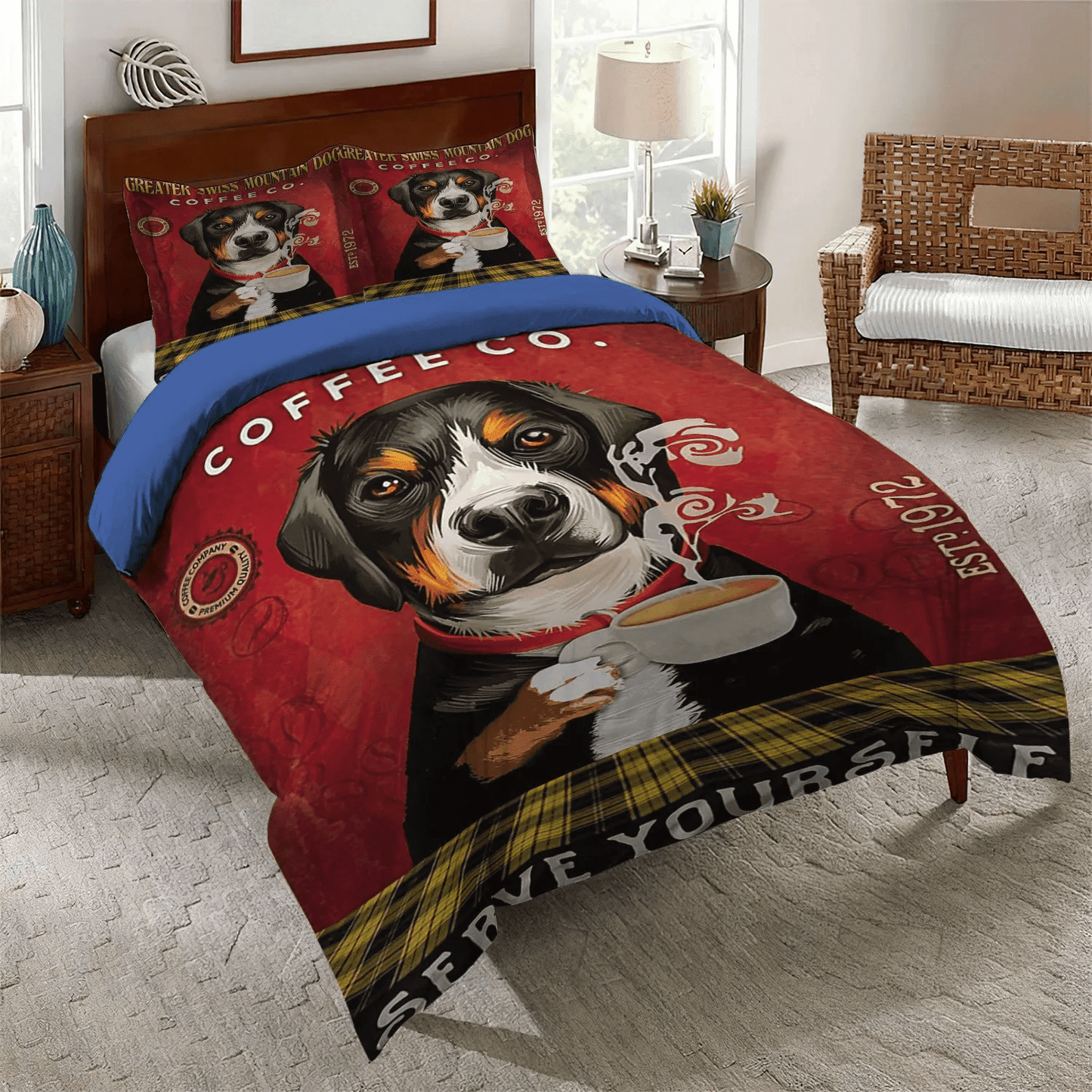 Greater Swiss Mountain Soft Duvet Cover Set, Greater Swiss Mountain Dog Bedding set, Greater Swiss Mountain Coffee Bedding Set, Gifts for Coffee