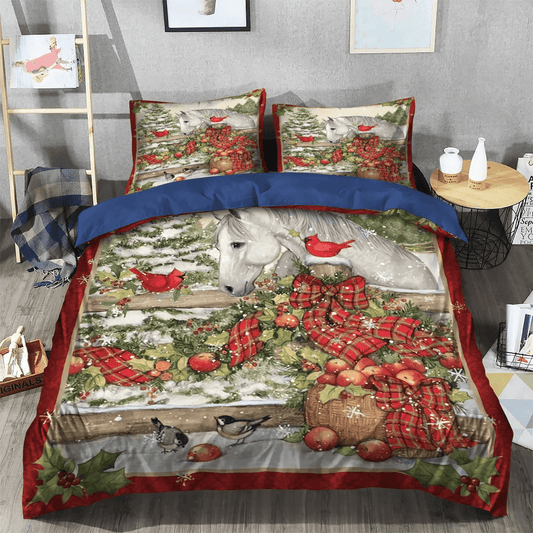Merry Christmas Quotes Soft Duvet Cover Set, Colorful Horse King Size Bedding Set, Horse Christmas Bedding Set, Gifts for Christmas