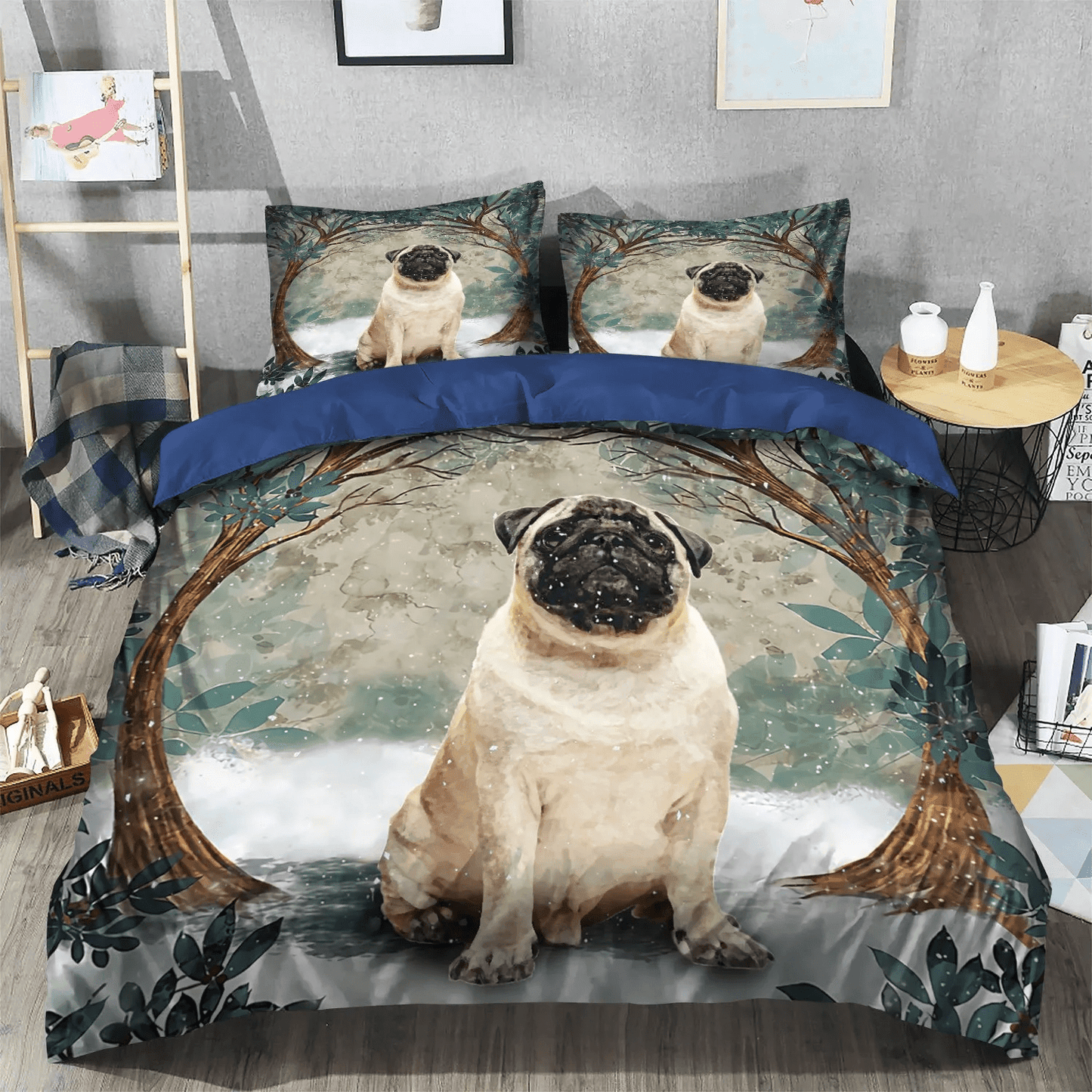Circles Soft Duvet Cover Set, Pug Lover Bedding set, Funny Pug Dog King Size Bedding Set, Pug And Circle Tree Bedding Set, Gifts for Tree