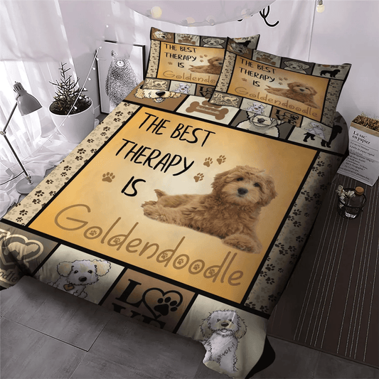 Goldendoodle Queen Size Bedding Set, Therapy Soft Duvet Cover Set, Dog The Best Therapy Is Goldendoodle Dog Bedding Set, Gifts for Goldendoodle