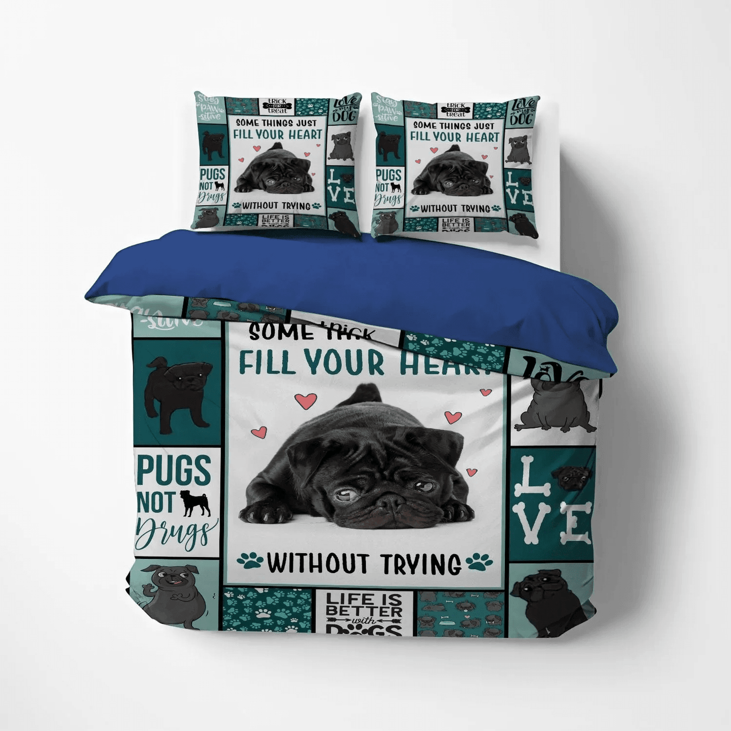 Cute Sleeping Chibi Dog Soft Duvet Cover Set, Doggo King Size Bedding Set, Black Pug Dog Bedding Set, Gifts for Pug