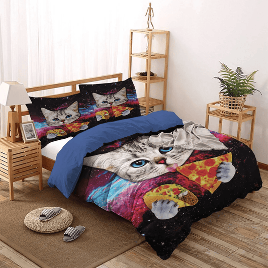 Galaxy Space Soft Duvet Cover Set, Taco Queen Size Bedding Set, Galaxy Bedding set, Pizza And Taco Cat Galaxy Bedding Set, Gifts for Cat