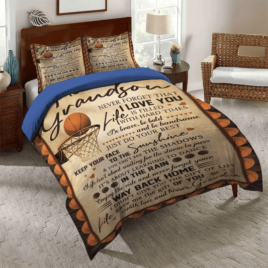 Grandson Wordmark Soft Duvet Cover Set, Basketball Queen Size Bedding Set, Basketball To My Grandson Kisses Grandma Bedding Set, Gifts for Grandson