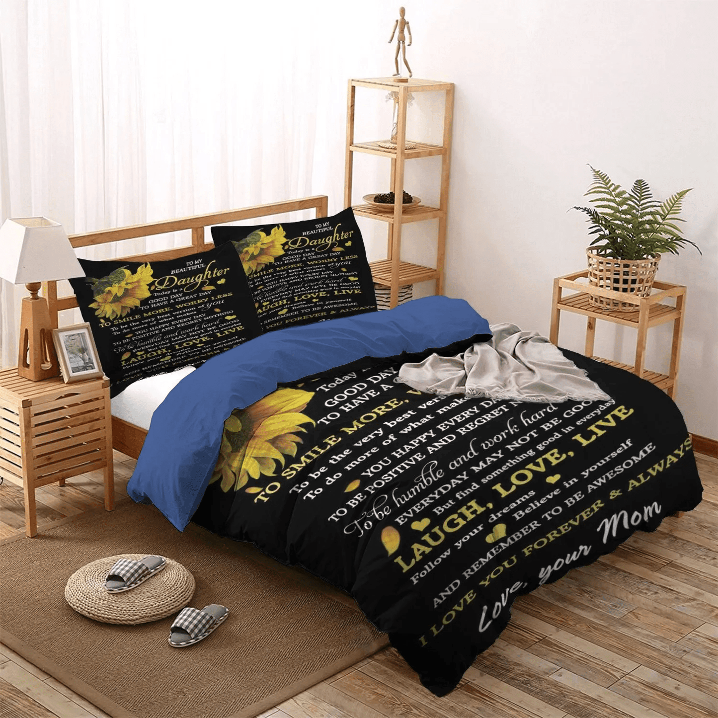 Personalized 3-piece Duvet Cover Bedding Set  Flowers Queen Size Bedding Set, Mother Of Cats Bedding set, Sunflower To My Beautiful Daughter From Mom Bedding Set, Gifts for Daughter