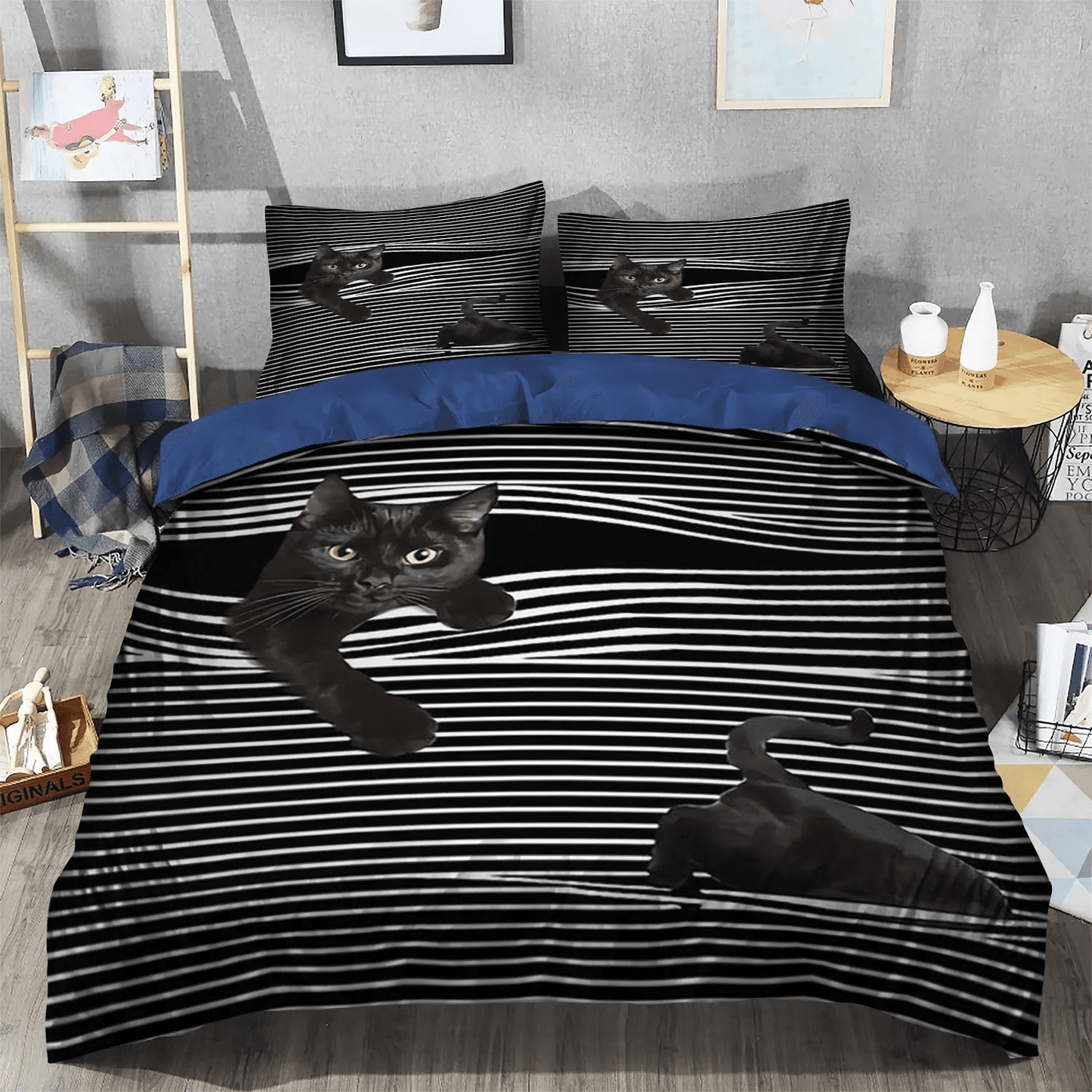 Black Cat King Size Bedding Set, Black Cat Nsn Transparent Soft Duvet Cover Set, Black Cat Angry Striped Bedding Set, Gifts for Black Cat