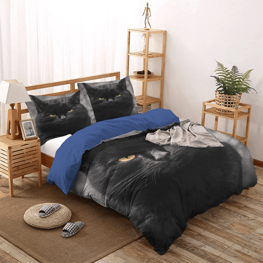 Halloween Black Cat Spiral Queen Size Bedding Set, Happy Black Cat Soft Duvet Cover Set, Black Cat Bedding Set, Gifts for Black Cat