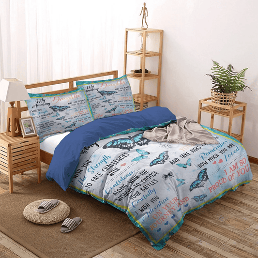 Butterfly Giraffe Painting Queen Size Bedding Set, Parenting Soft Duvet Cover Set, My Daughter Butterfly Bedding Set, Gifts for Butterfly