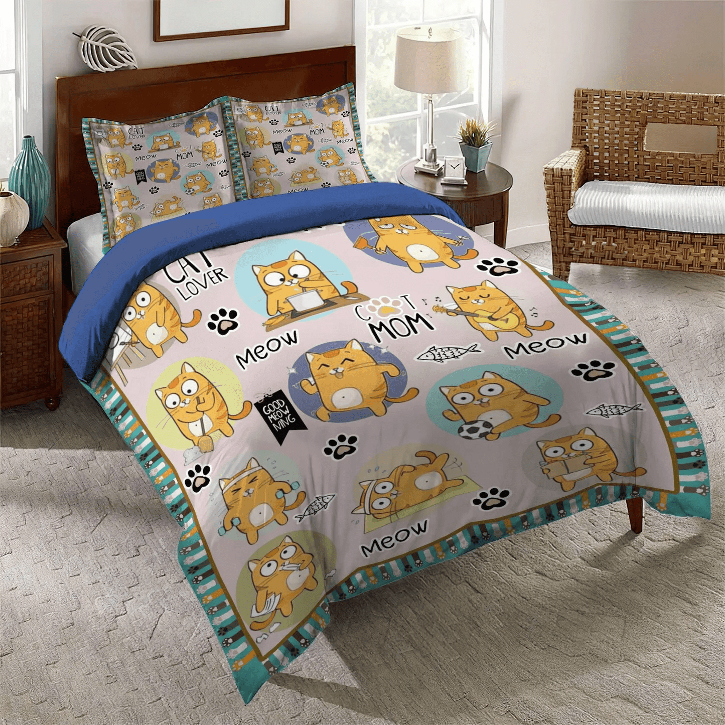 Cat Tracks Queen Size Bedding Set, Cat Bedding set, Cat Paw Soft Duvet Cover Set, Cat Lover Bedding Set, Gifts for Cat