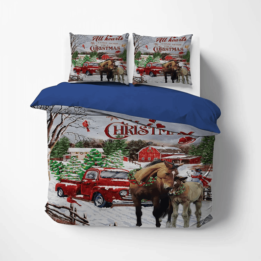 Christmas Tree Soft Duvet Cover Set, Galloping Horse Bedding set, Christmas King Size Bedding Set, Horse Christmas Bedding Set, Gifts for Horse