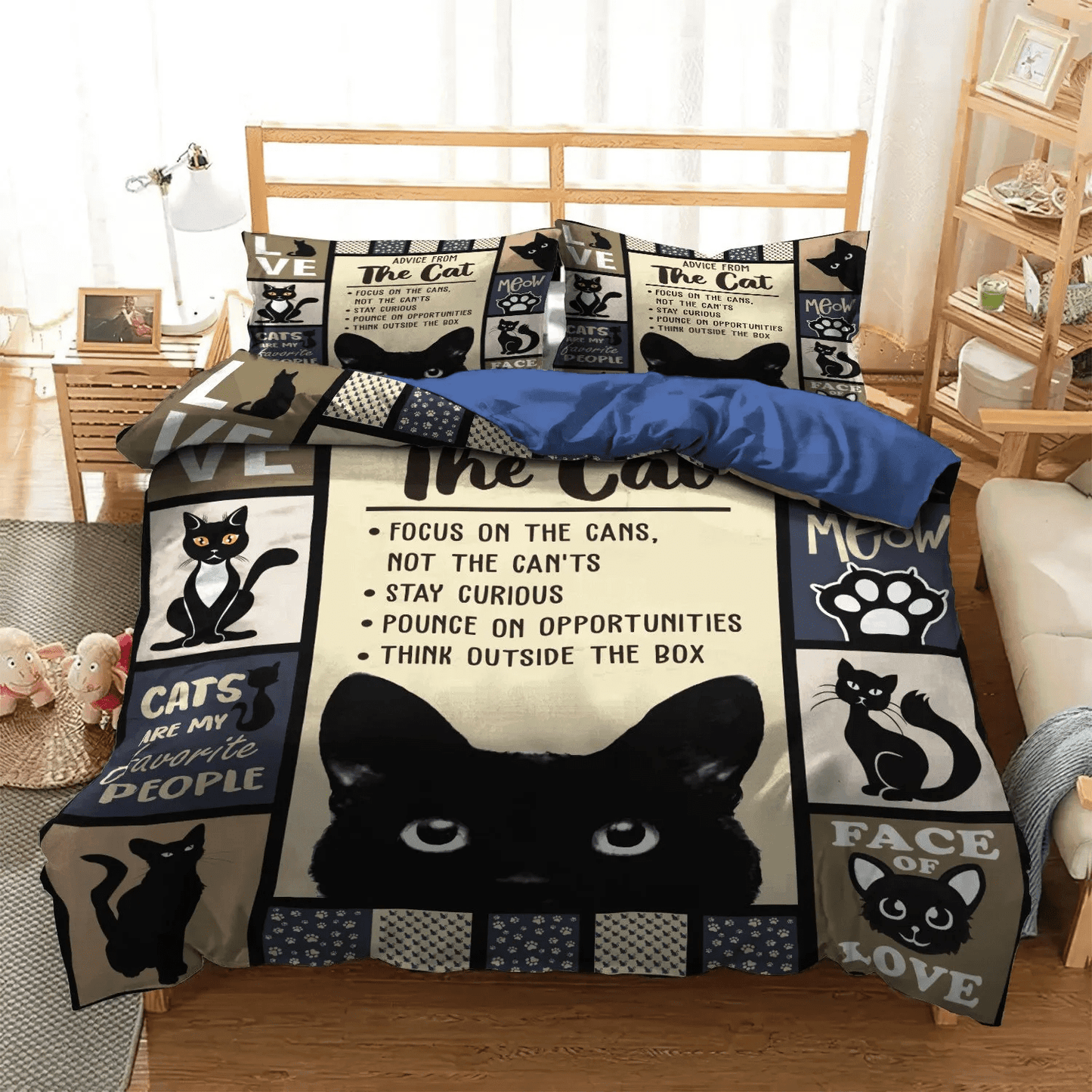 Black Cat King Size Bedding Set, Black Cat Foals Soft Duvet Cover Set, Happy Black Cat Bedding set, Happy Black Cat Bed Sheets, Gifts for Black Cat