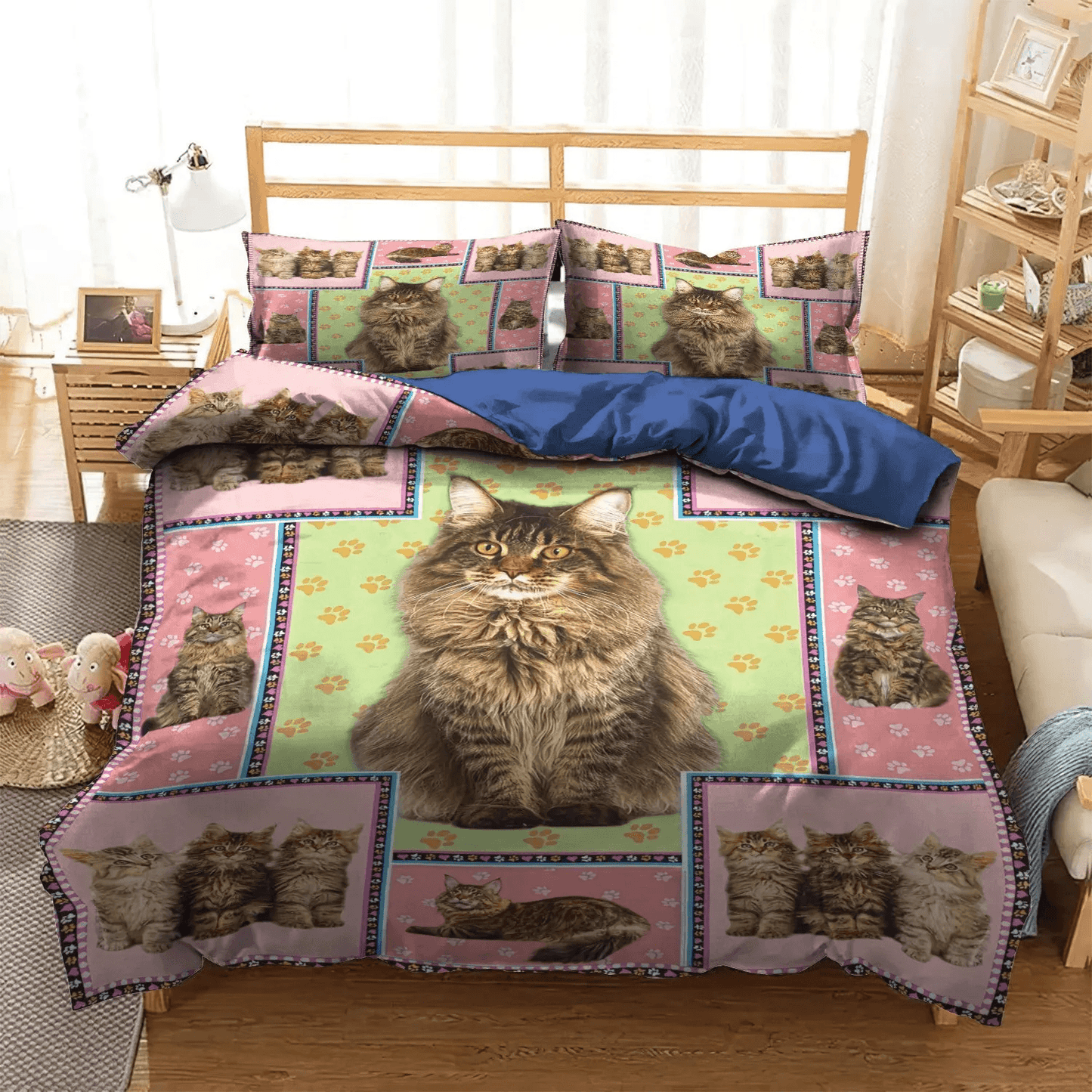 Cat Paw Queen Size Bedding Set, Pink Panda Bedding set, Cat Tracks Soft Duvet Cover Set, Pink Cat Bedding Set, Gifts for Pink