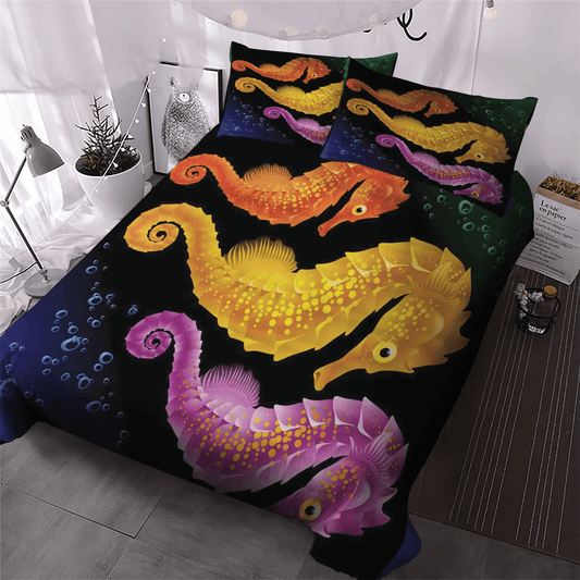 Colorful Soft Duvet Cover Set, Seahorse Horse Essential Queen Size Bedding Set, Colorful Seahorse Bedding Set, Gifts for Colorful