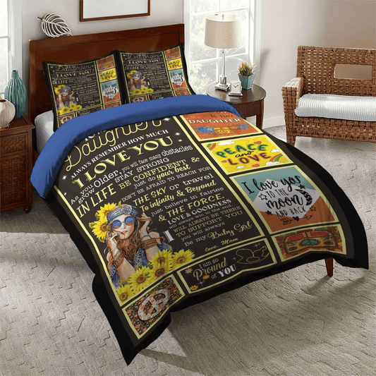 Personalized 3-piece Duvet Cover Bedding Set  Bohemian Queen Size Bedding Set, Daughter Always Remember How Much I Love You Hippie Sunflower Bedding Set, Gifts for Hippie