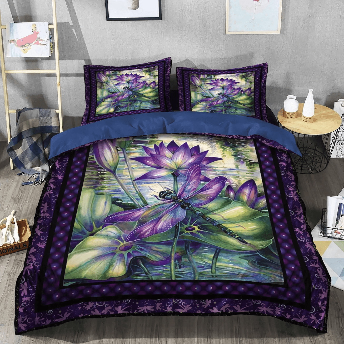 Personalized 3-piece Duvet Cover Bedding Set  Giraffe Wordings Queen Size Bedding Set, Yoga Lotus King Size Bedding Set, Dragonfly Lotus Bedding Set, Gifts for Dragonfly