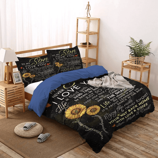 Son Soft Duvet Cover Set, Flowers King Size Bedding Set, Sunflower To My Son Love Mom And Dad You Are My Sunshine Bedding Set, Gifts for Father