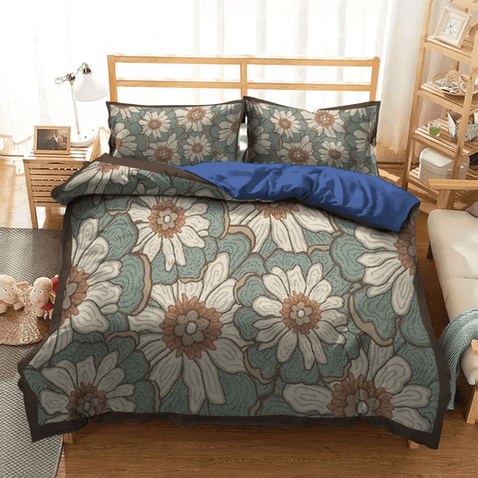 Brown Queen Size Bedding Set, Dark Brown Dog Soft Duvet Cover Set, Copper Grove Boronia Blue Brown Bedding Set, Gifts for Brown