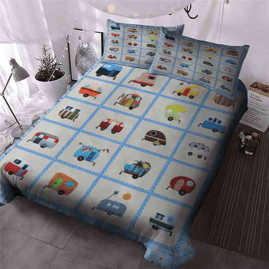 Camping King Size Bedding Set, Family Camping Soft Duvet Cover Set, Retro Caravan Camping Car Bedding Set, Gifts for Camping