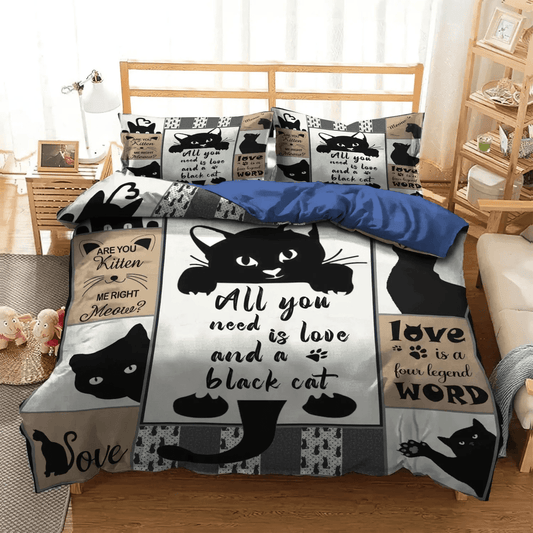 Halloween Black Cat Spiral Soft Duvet Cover Set, Black Cat Queen Size Bedding Set, Black Cat Bedding Set, Gifts for Black Cat