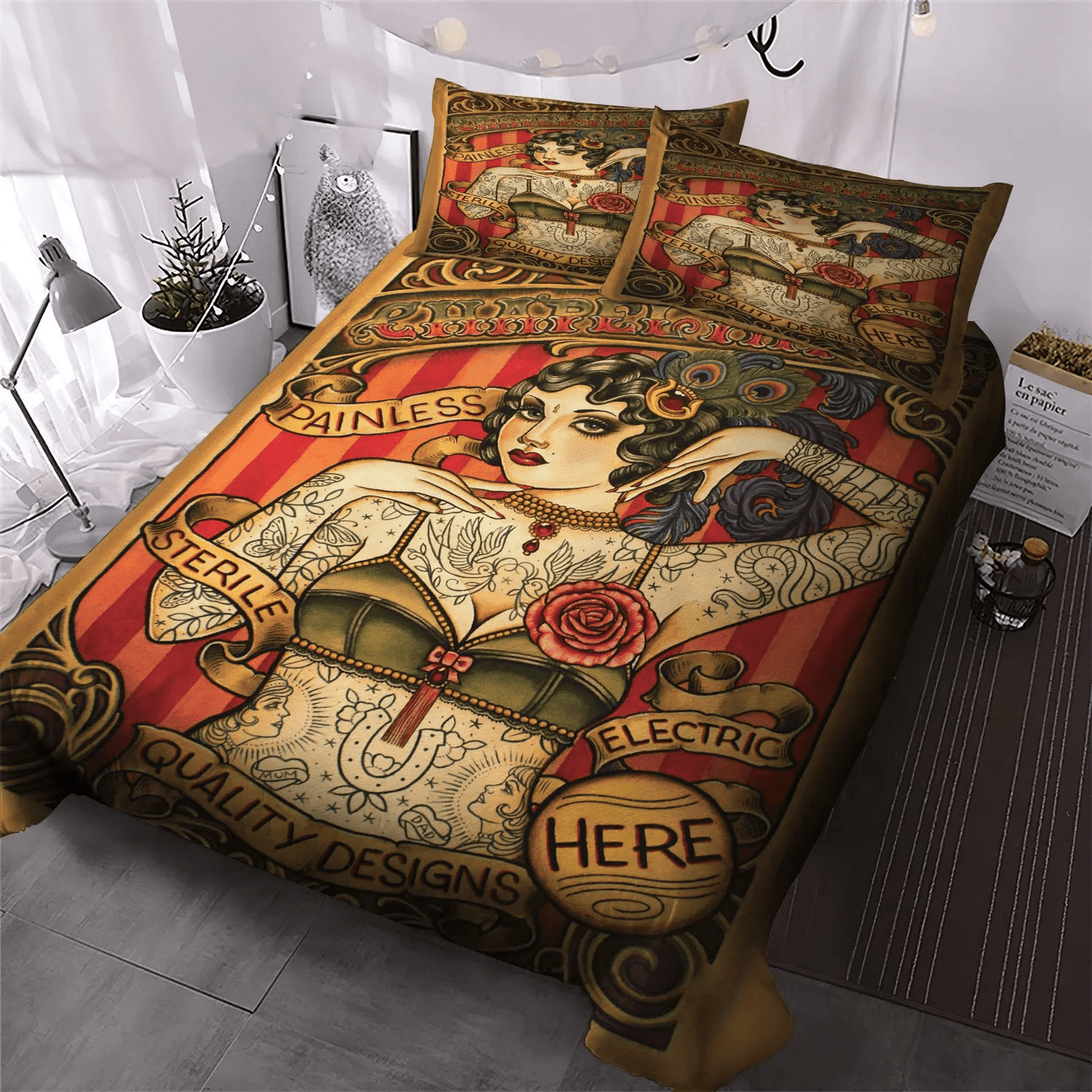 Cat Paw King Size Bedding Set, Tattoo Queen Size Bedding Set, Cat Tattoo Flash Soft Duvet Cover Set, Gifts for Tattoo