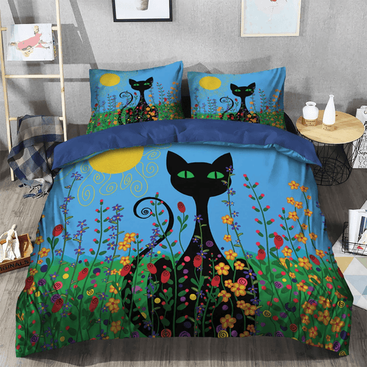 Black Cat Soft Duvet Cover Set, Black Cat Nsn Transparent King Size Bedding Set, Black Cat In Flowers Bedding Set, Gifts for Flower