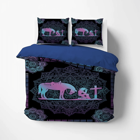 Cowgirl Soft Duvet Cover Set, Horse In Motion Queen Size Bedding Set, Cowgirl And Her Horse Kneeling At The Cross PTS Bedding Set, Gifts for Cowgirl