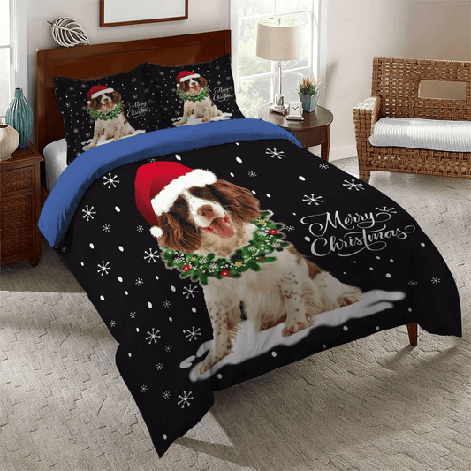 Cocker Spaniel Soft Duvet Cover Set, Spaniel Mom King Size Bedding Set, English Spaniel Wreath Necklace Christmas Bedding Set, Gifts for Christmas