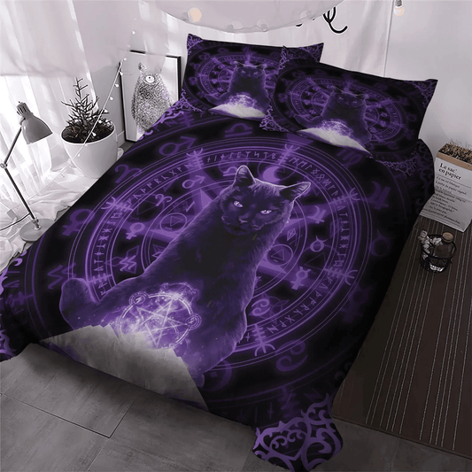 Black Cat Nsn Transparent Soft Duvet Cover Set, Black Cat King Size Bedding Set, Purple Wiccan Black Cat Bedding Set, Gifts for Black Cat