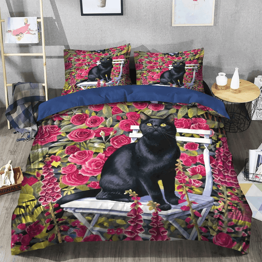 Halloween Black Cat Spiral Queen Size Bedding Set, Black Cat Soft Duvet Cover Set, Black Cat And Flower Bedding Set, Gifts for Flower