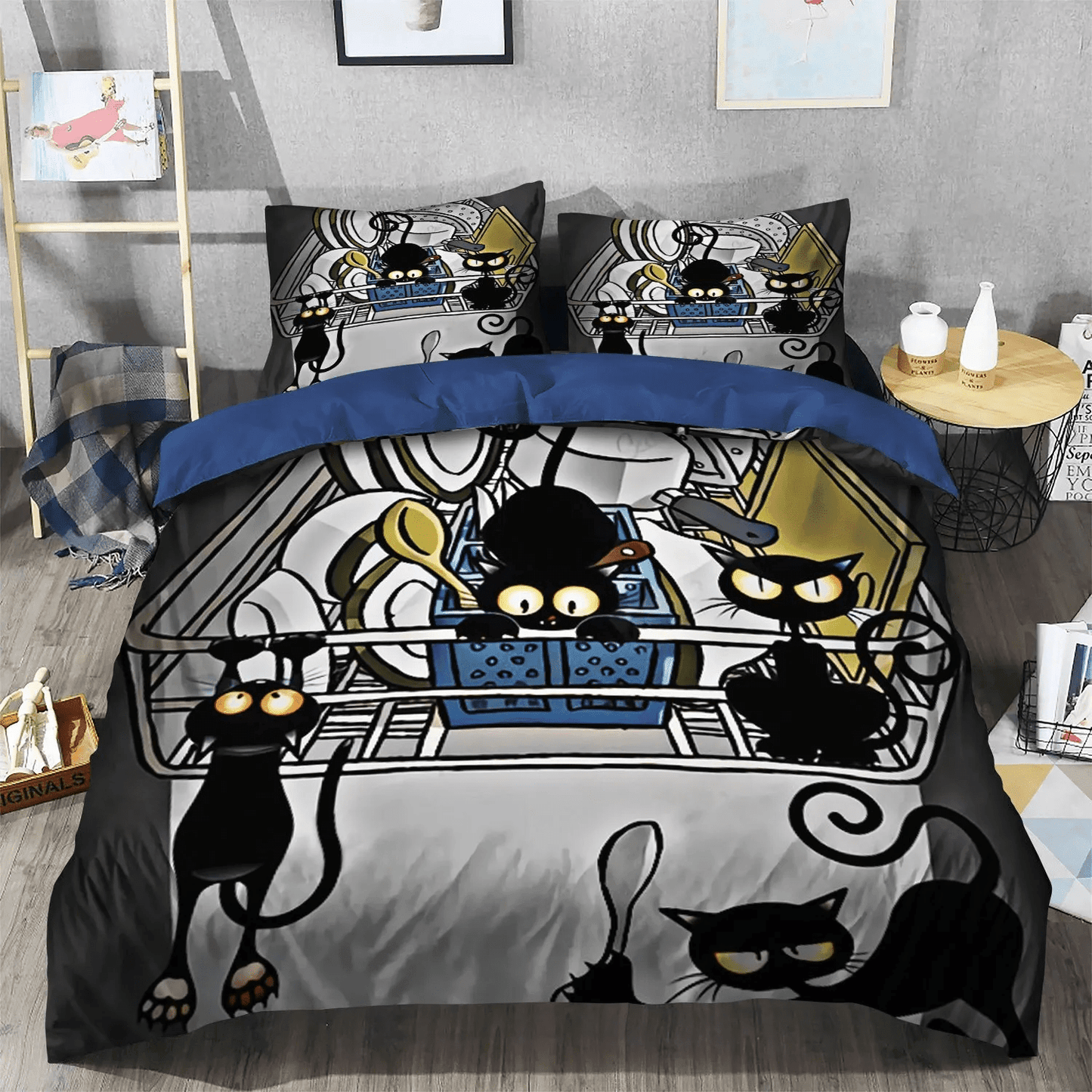 Personalized 3-piece Duvet Cover Bedding Set Halloween Black Cat Spiral Bedding set, Happy Black Cat King Size Bedding Set, Black Cat Cartoon Bedding Set, Gifts for Black Cat