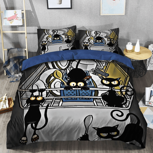 Personalized 3-piece Duvet Cover Bedding Set Halloween Black Cat Spiral Bedding set, Happy Black Cat King Size Bedding Set, Black Cat Cartoon Bedding Set, Gifts for Black Cat