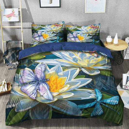 Lotus Soft Duvet Cover Set, Yoga Lotus Bedding set, Watercolor Queen Size Bedding Set, Dragonfly Lotus Watercolor Bedding Set, Gifts for Watercolor