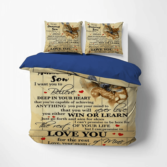 Personalized 3-piece Duvet Cover Bedding Set  Father And Son Bedding set, Christmas Deer King Size Bedding Set, Deer To My Amazing Son Your Mom Bedding Set, Gifts for Mother