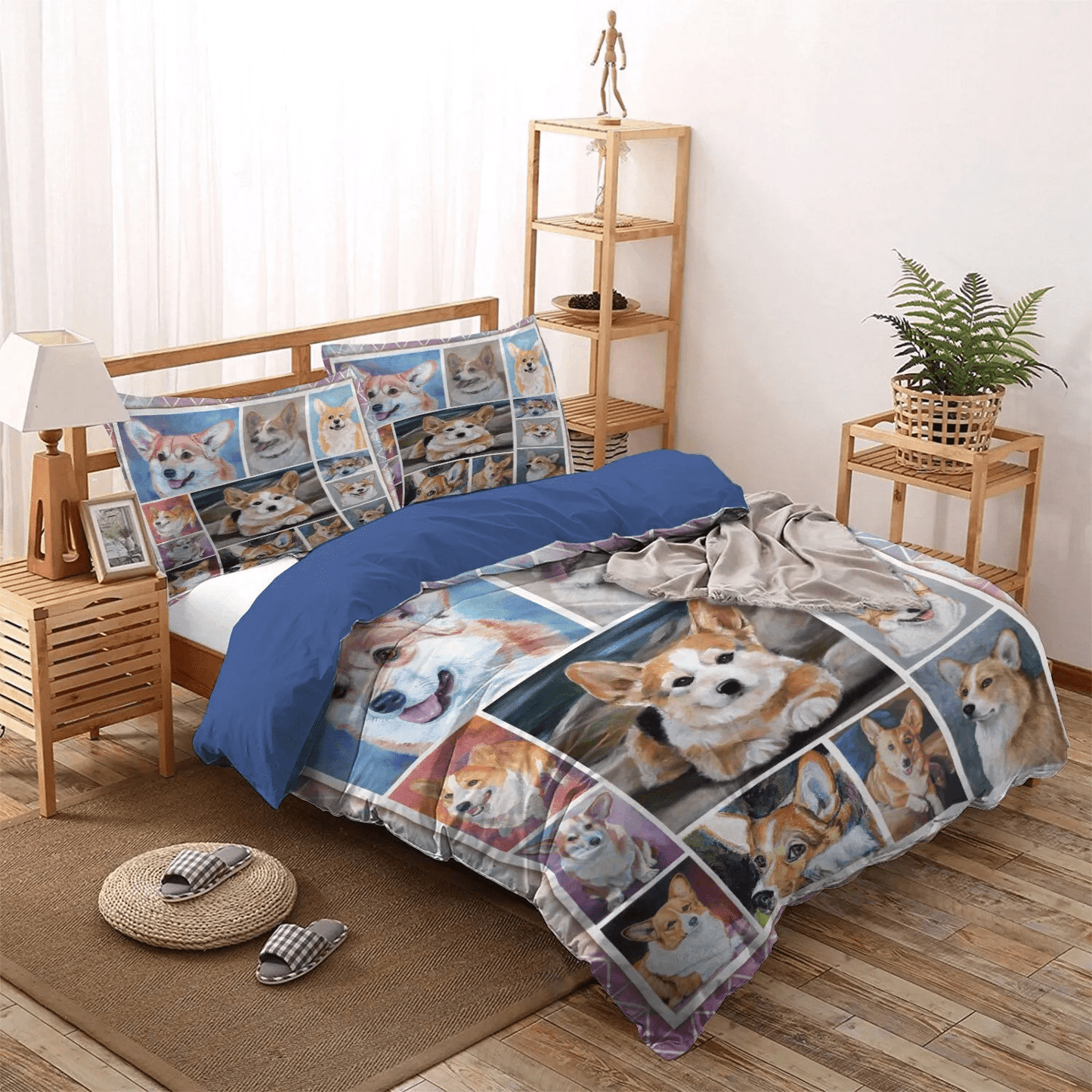 Corgi Soft Duvet Cover Set, Cute Sleeping Chibi Dog Queen Size Bedding Set, Corgi Dog Bedding Set, Gifts for Corgi