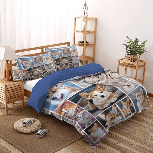 Corgi Soft Duvet Cover Set, Cute Sleeping Chibi Dog Queen Size Bedding Set, Corgi Dog Bedding Set, Gifts for Corgi