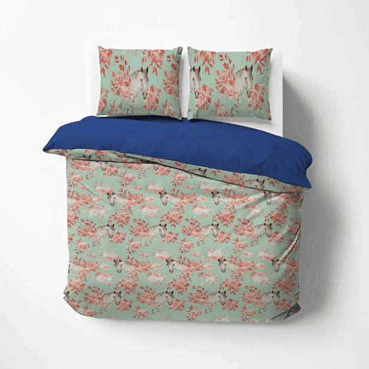 Galloping Horse Soft Duvet Cover Set, Abstract Horse Queen Size Bedding Set, Rose Bouquets And Horses Equestrian LTTL Bedding Set, Gifts for Bouquet