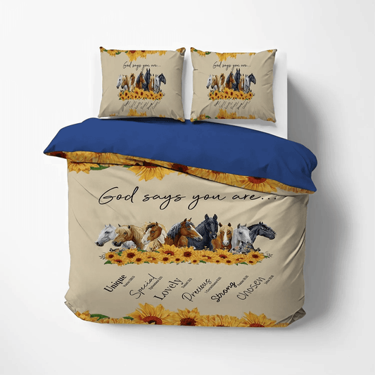 Personalized 3-piece Duvet Cover Bedding Set  Horse Running King Size Bedding Set, Galloping Horse Queen Size Bedding Set, God Says You Are Sunflower Horse HCD Bedding Set, Gifts for God