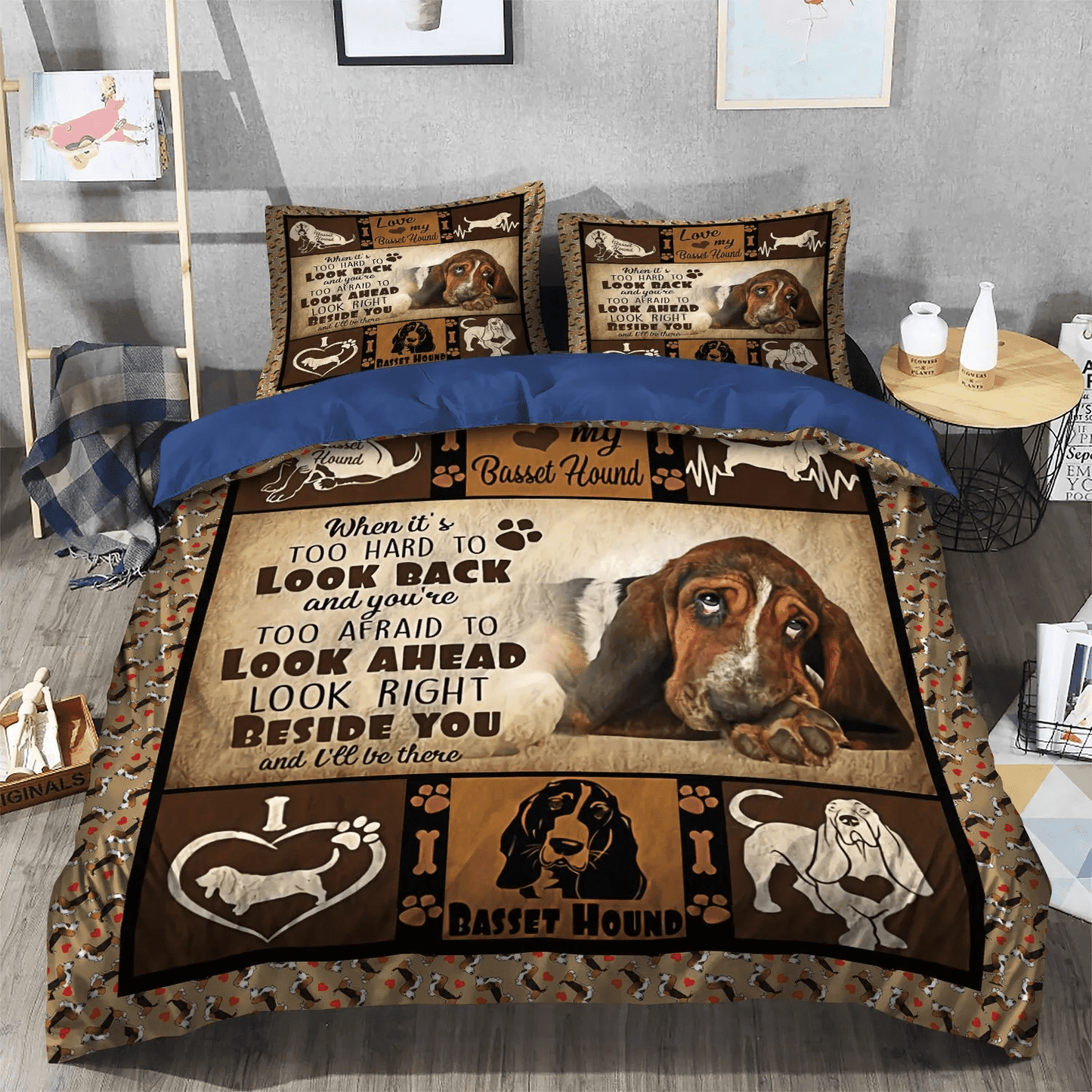 Basset Hound Soft Duvet Cover Set, Dog Basset Hound White Queen Size Bedding Set, Basset Hound Planket Bedding Set, Gifts for Basset Hound