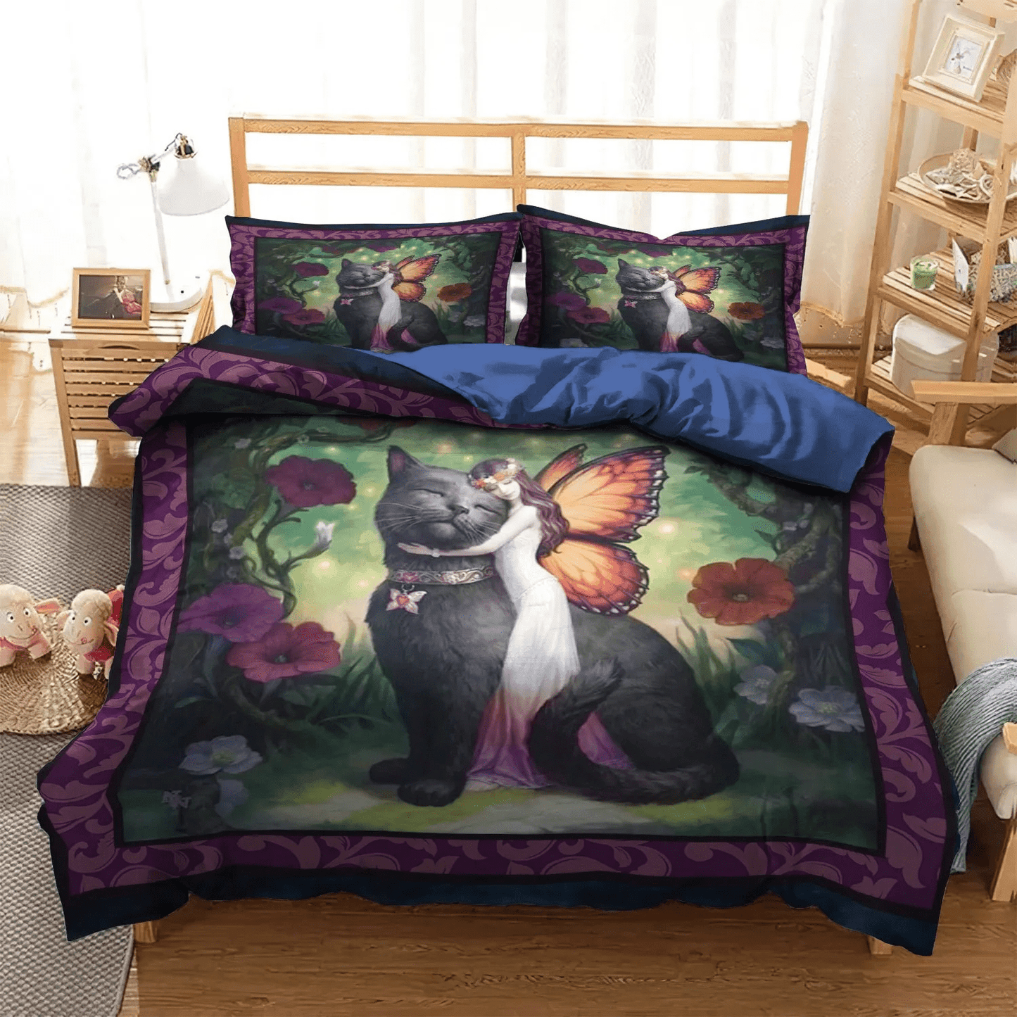 Black Cat Nsn Transparent Soft Duvet Cover Set, Butterfly Queen Size Bedding Set, Black Cat Butterfly Fairy Bedding Set, Gifts for Butterfly