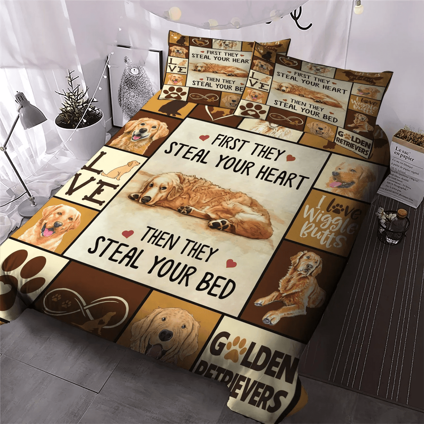 Cute Sleeping Chibi Dog Soft Duvet Cover Set, Doggo Queen Size Bedding Set, Golden Retriever Dog Bedding Set, Gifts for Dog